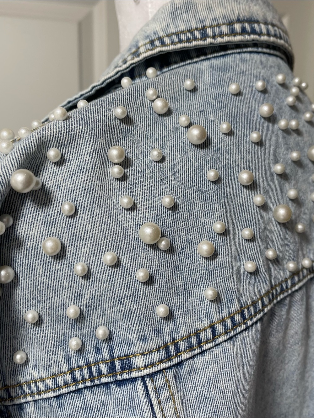 Denim Pearl Embellished Jean Jacket Chest Pockets Stone Washed Light Blue XL - Picture 8 of 13